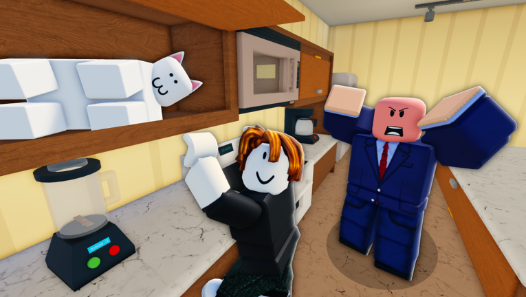 Official Hide the Cat promotional art: a white blocky cat hiding in a kitchen cabinet while the landlord rants