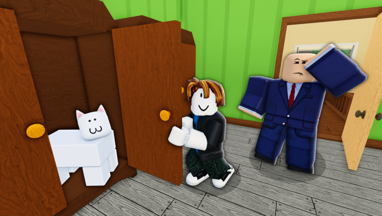 Official promotional art: the white cat sitting inside a wooden wardrobe while the landlord searches with a checklist